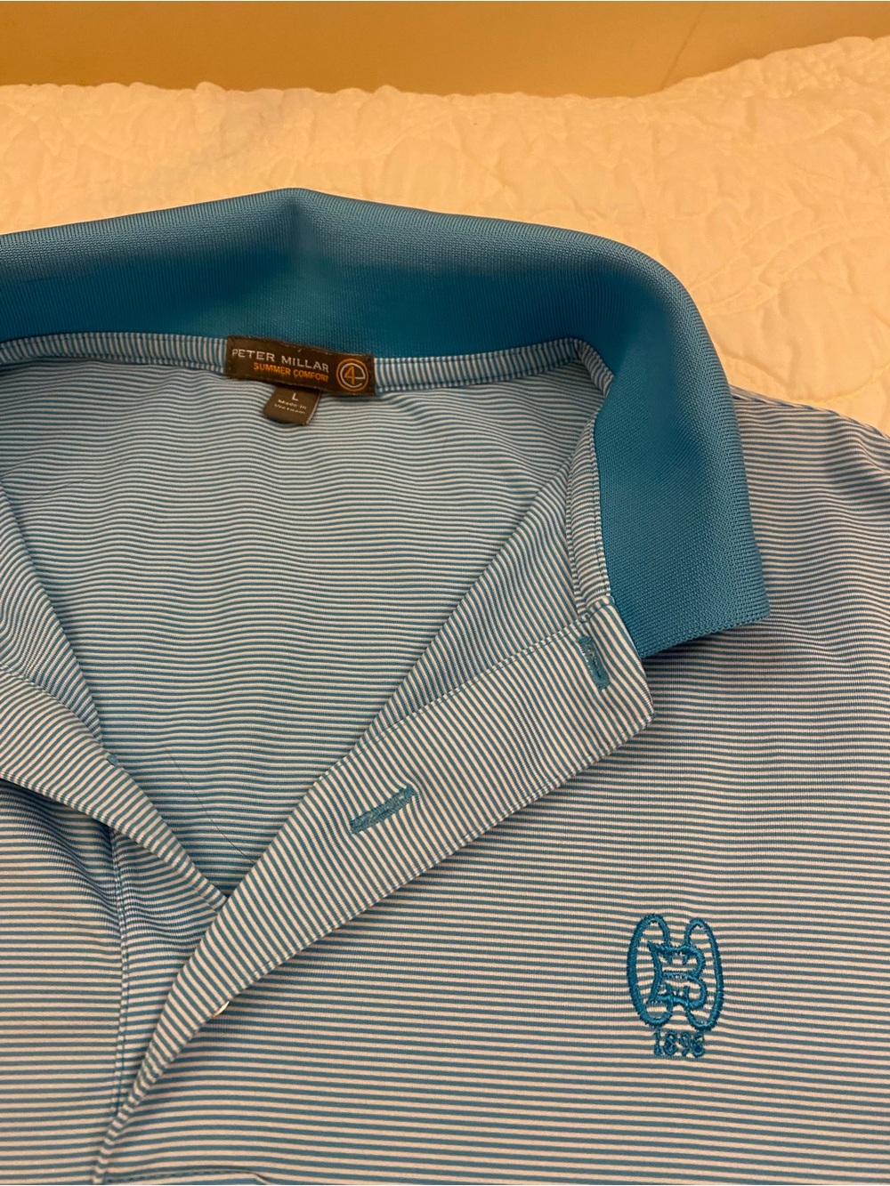 Peter Millar Blue Micro-Stripe Polo with Teal Collar